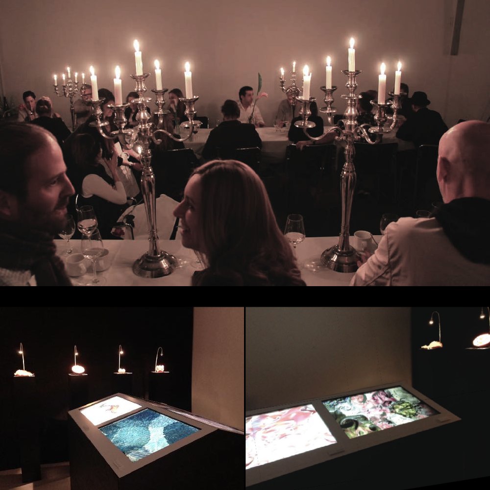 A candlelit dinner and back-lit tables of textured surfaces