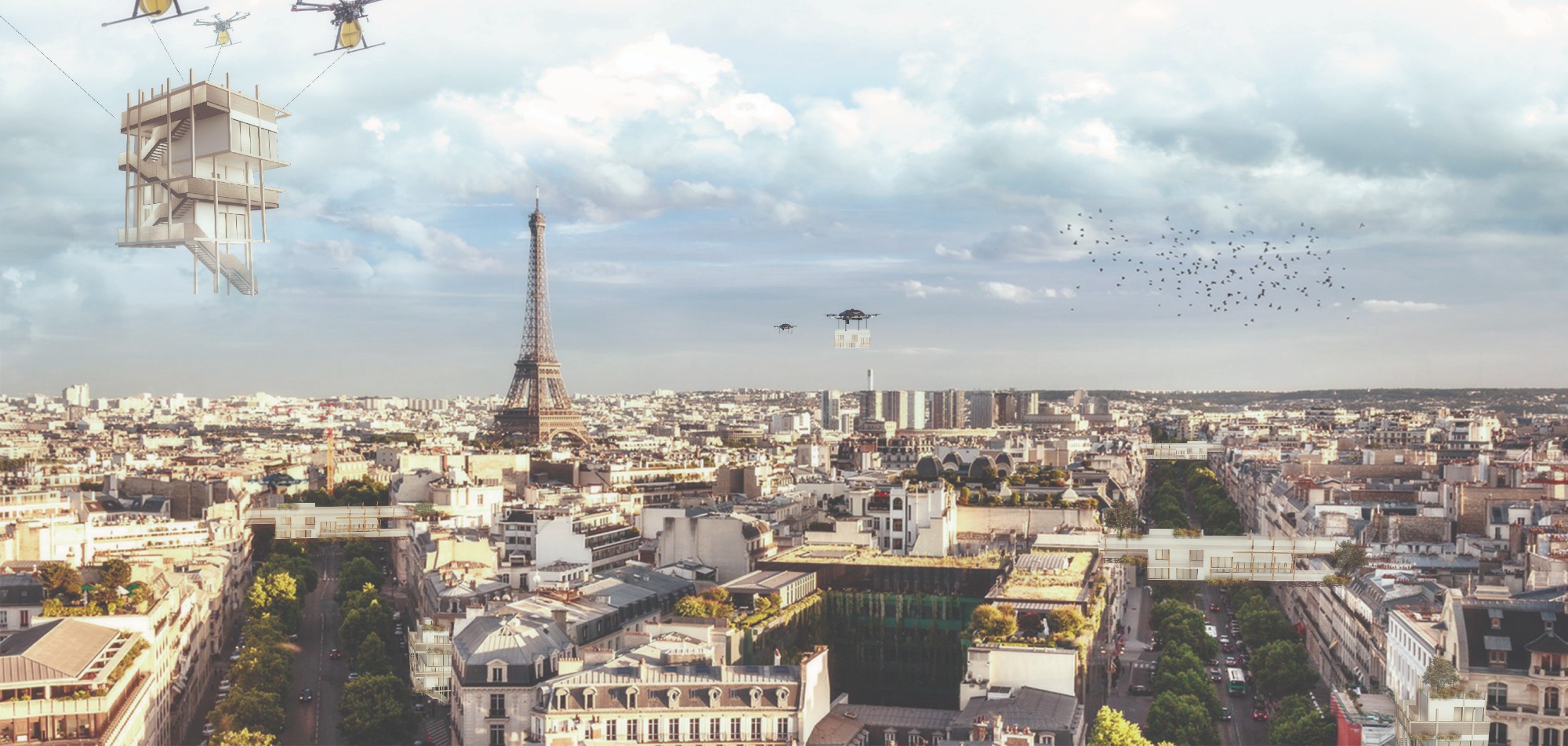 Paris in 2030: drones lift a Clip-Maison unit above the city with the Eiffel Tower behind