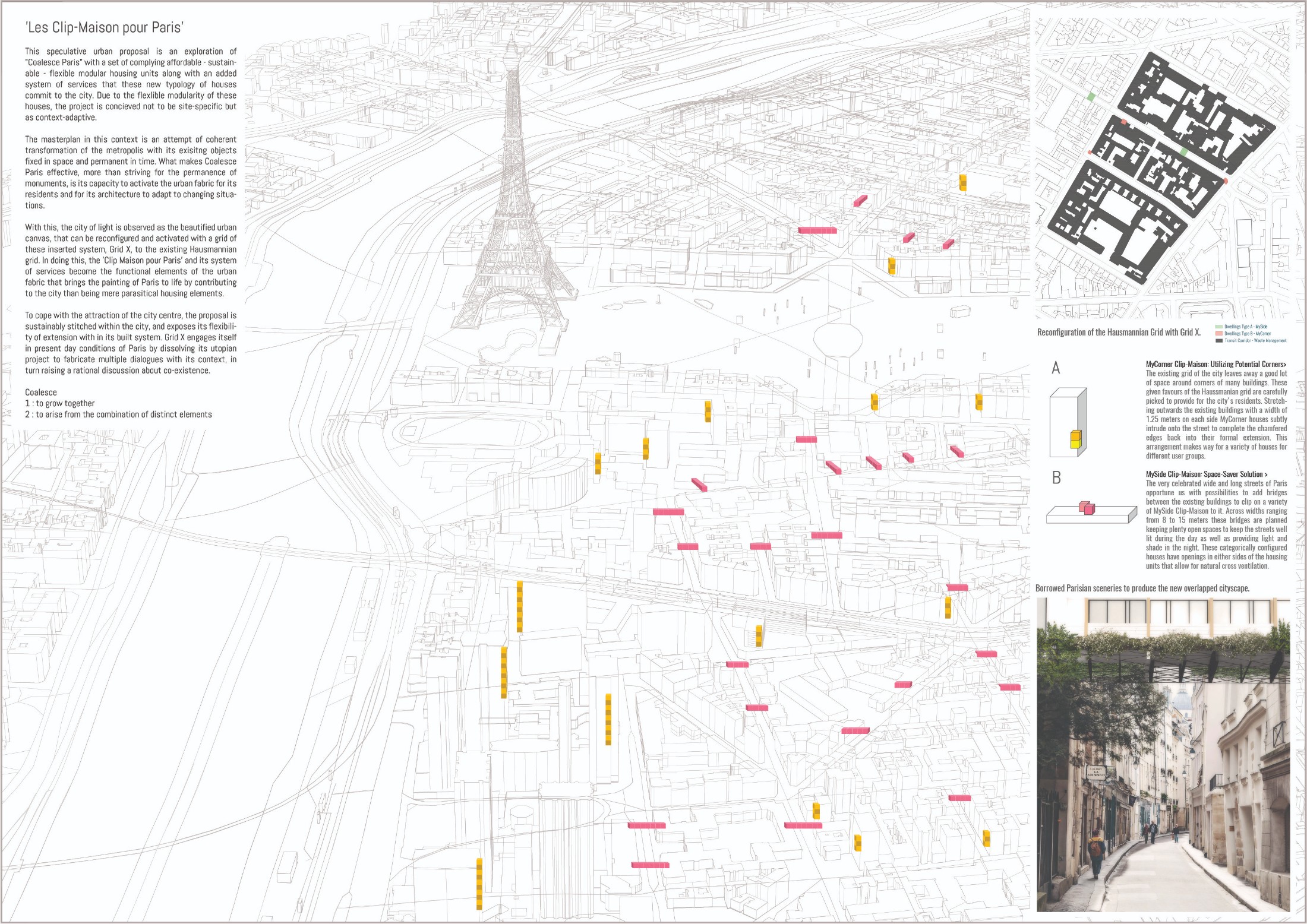 Competition panel 1: Coalesce Paris masterplan with the units mapped on the Haussmannian grid