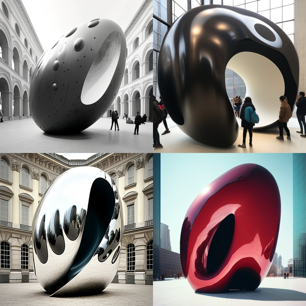 Four Midjourney variations of a black and red sculpture