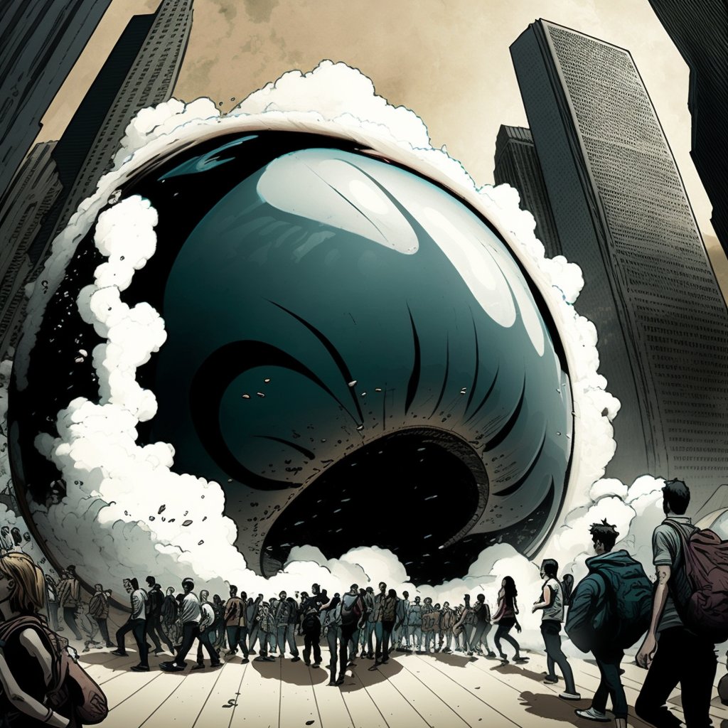A gleaming Kapoor-like bean sculpture towering over a crowd in a manga city