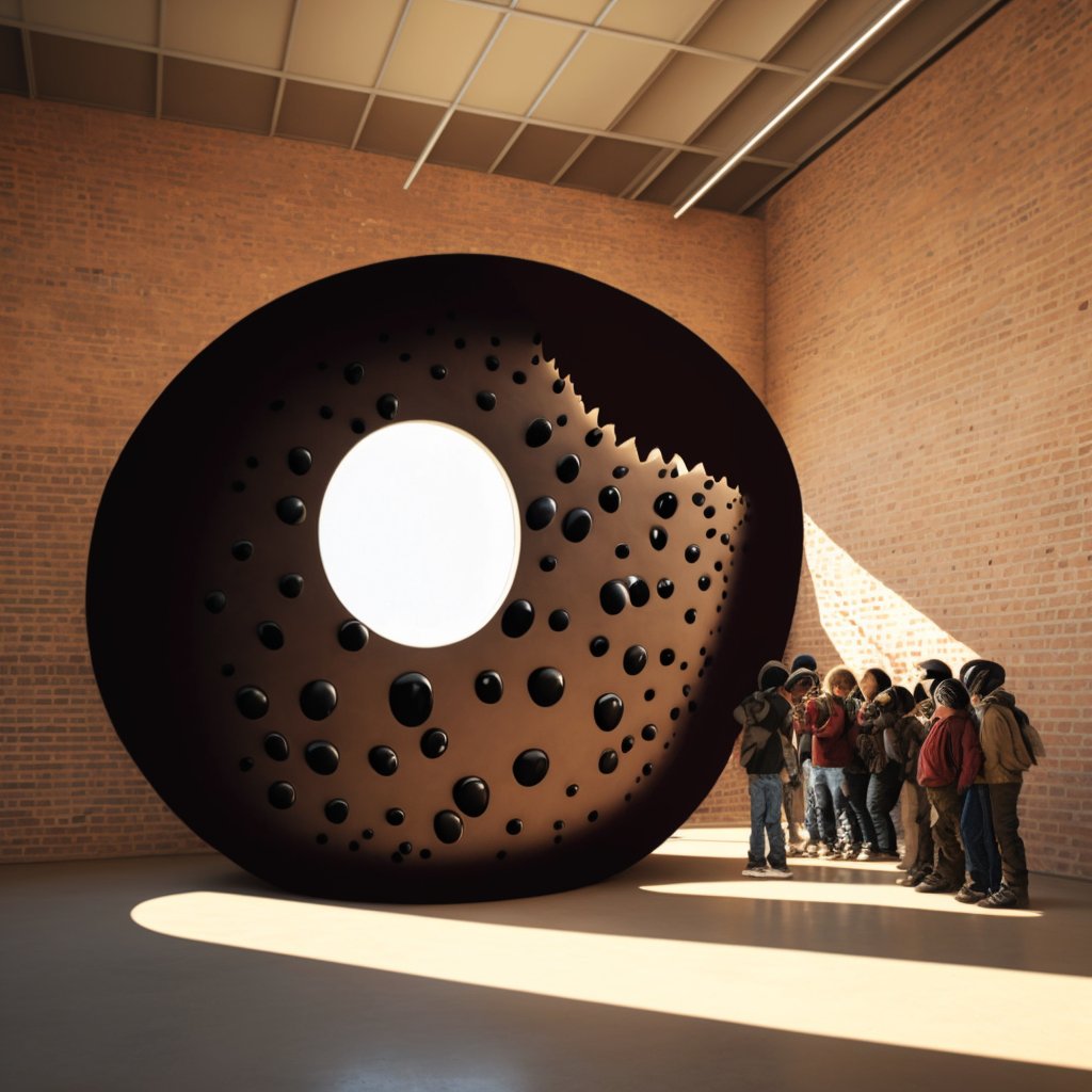 A giant perforated brown sphere with a white disc, in a brick hall