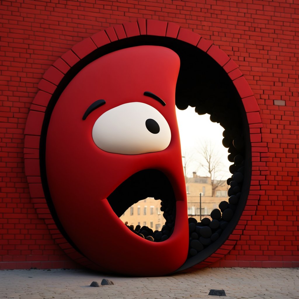 A giant red sculpture with a shouting face against a brick wall