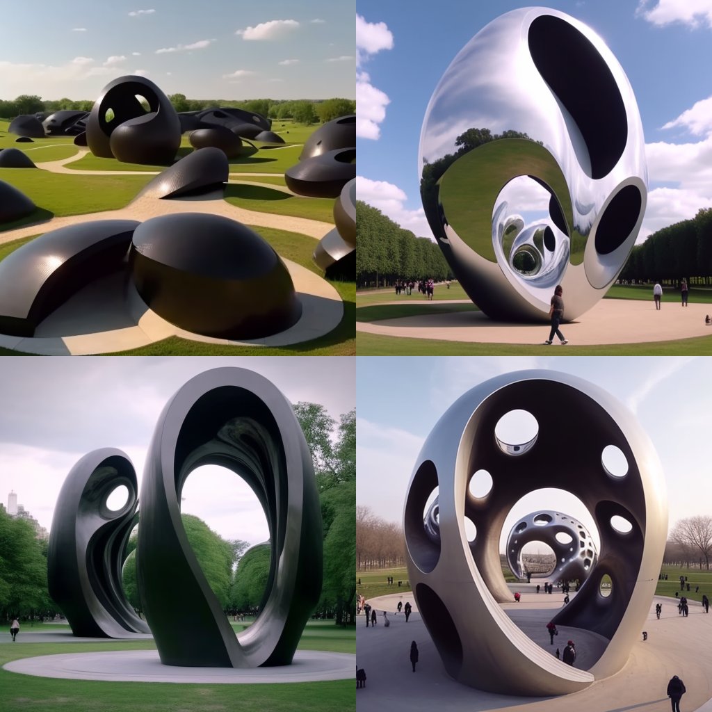 Four variations of sculptures in a green park