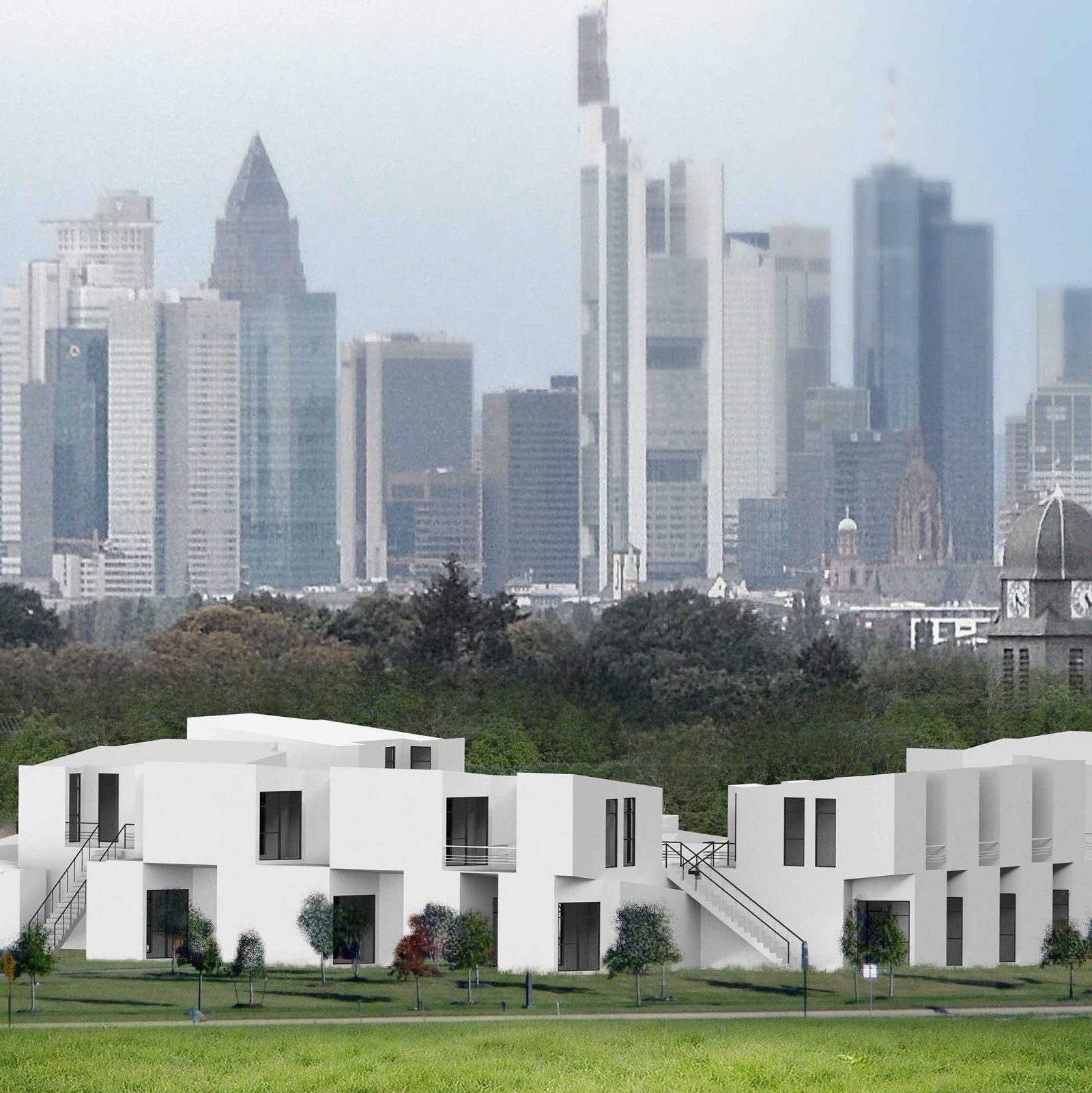 Housing modules in front of the Frankfurt skyline