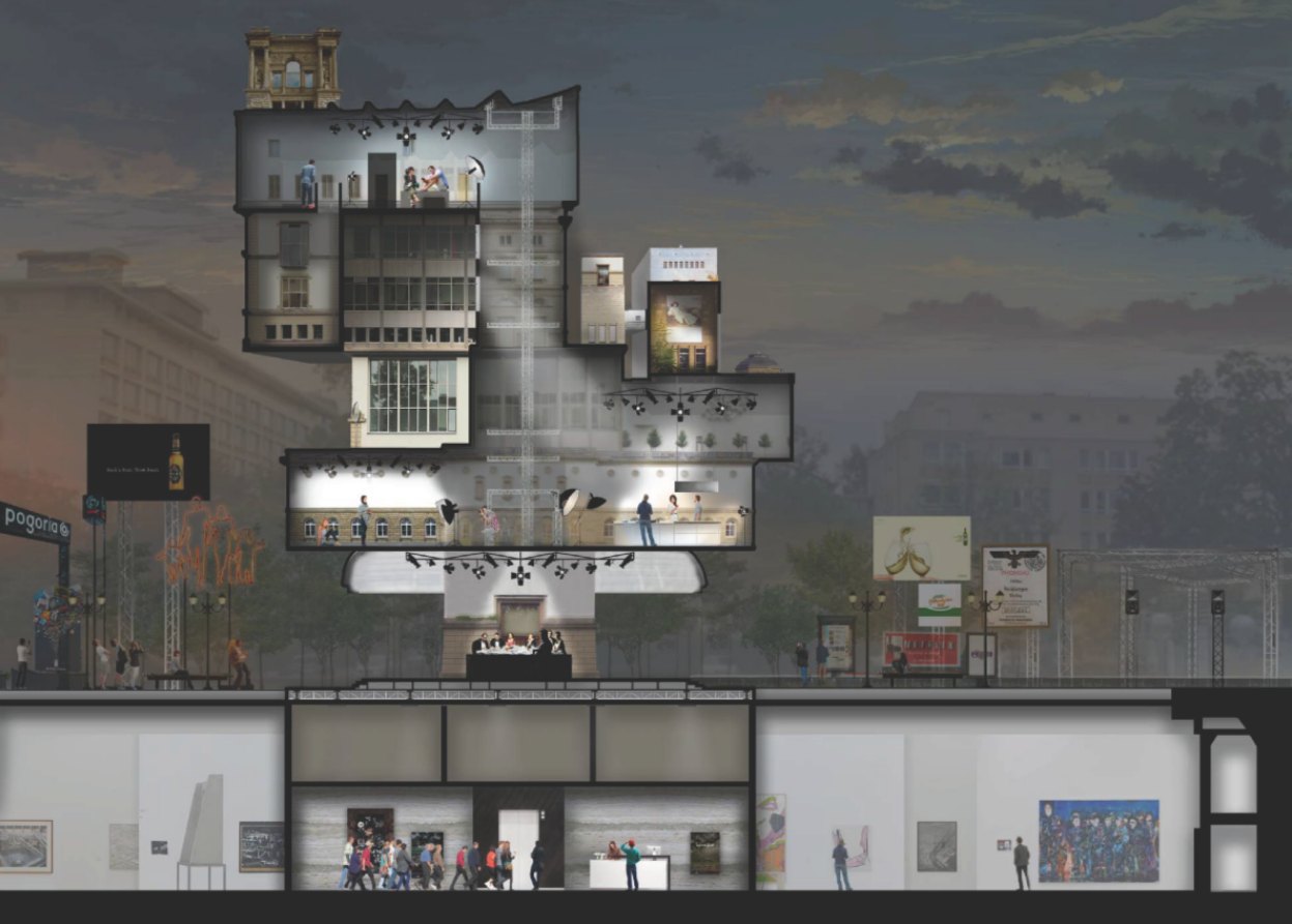 Section through the proposed reality television studio: a collage of studio spaces